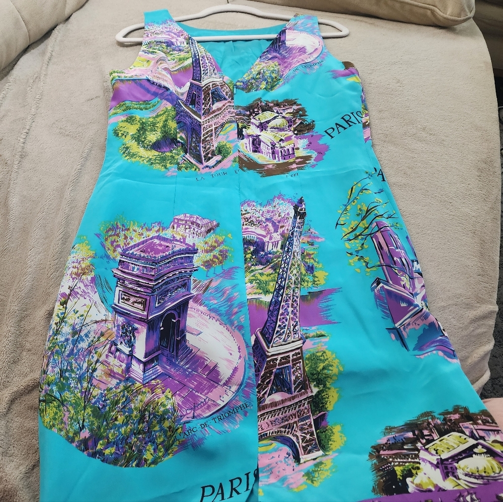 Muse Blue and Purple Paris Print 100% Sillk Dress.